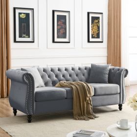 [Video] 80" Chesterfield Sofa Grey Velvet for Living Room, 3 Seater Sofa Tufted Couch with Rolled Arms and Nailhead for Living Room, Bedroom, Office